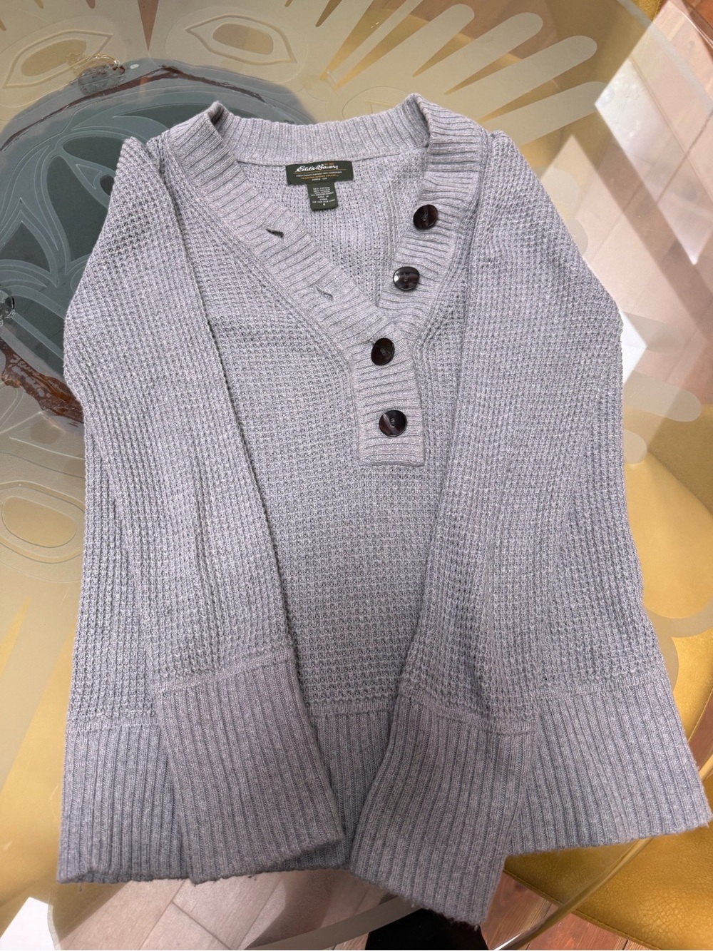 Eddie Bauer Light Gray V-Neck Button-Placket Knit Sweater